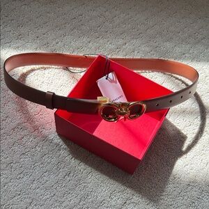 Salvatore Ferragamo Brown Leather Belt with Gold Double Gancio Buckle